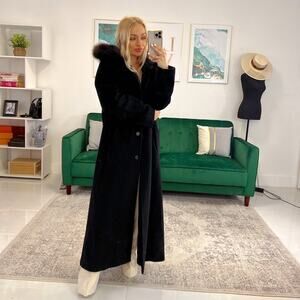 Steve By Searle Vintage Cashmere Blend Long Coat Fur Trim Hood